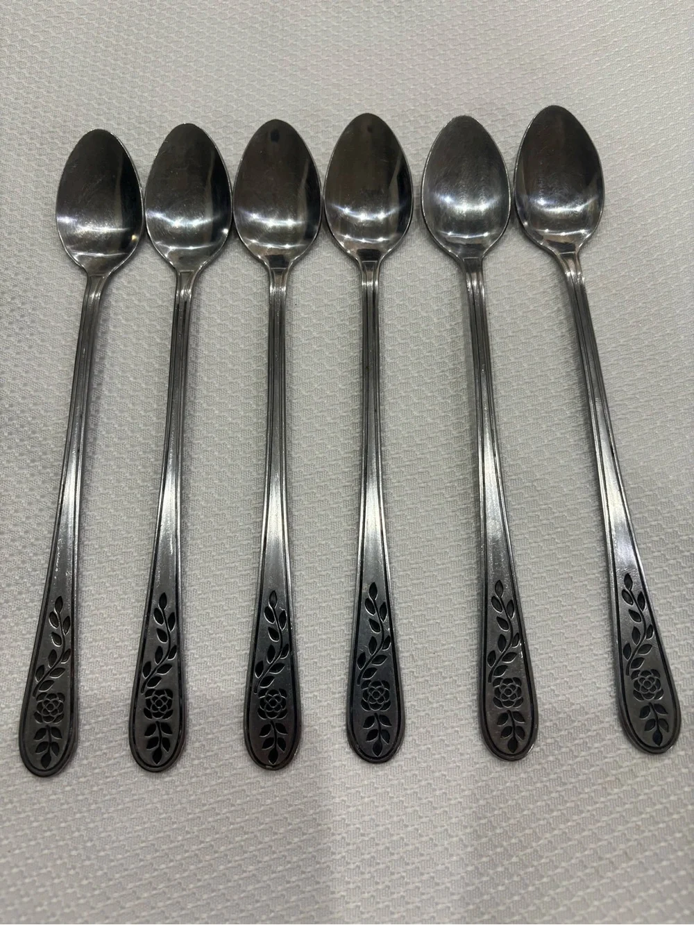Vintage Rogers Floral Mist Iced Tea Spoons Set 6 MCM Bar Beverage Stirrers